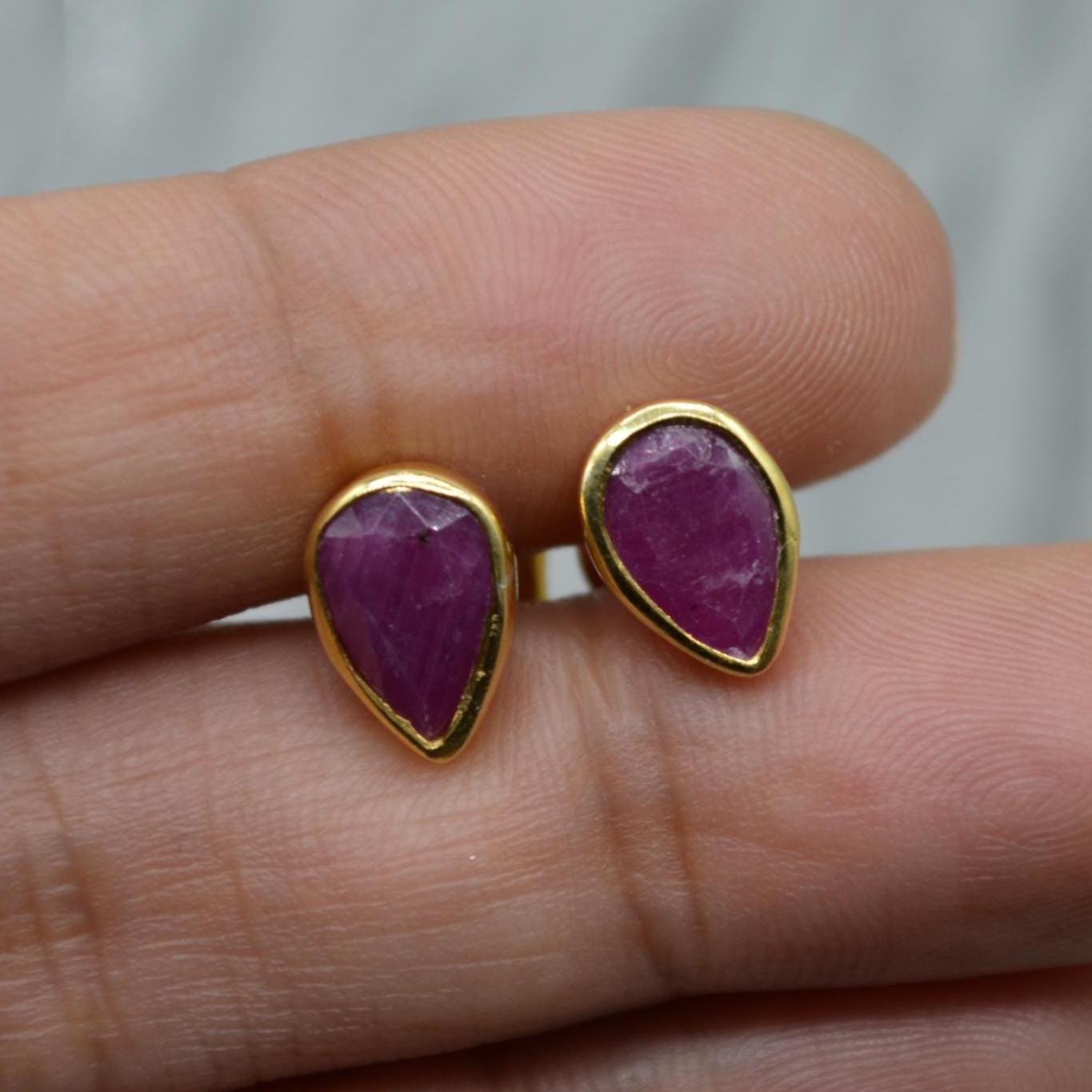 Red Ruby Gold Stud Earrings: Sterling Silver, Minimalist July Birthstone Jewelry