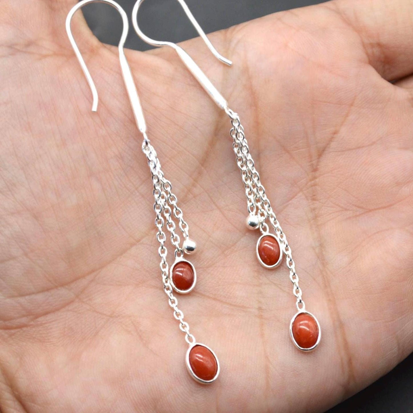 Red Coral Sterling Silver Drop Earrings: Dainty Gemstone Jewelry, Long Earrings