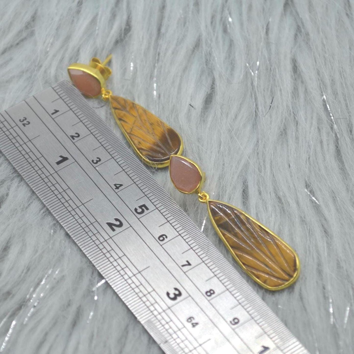 Peach Moonstone Tigers Eye Earrings: Sterling Silver, Gold Earrings, Yellow Brown Teardrop Gemstone