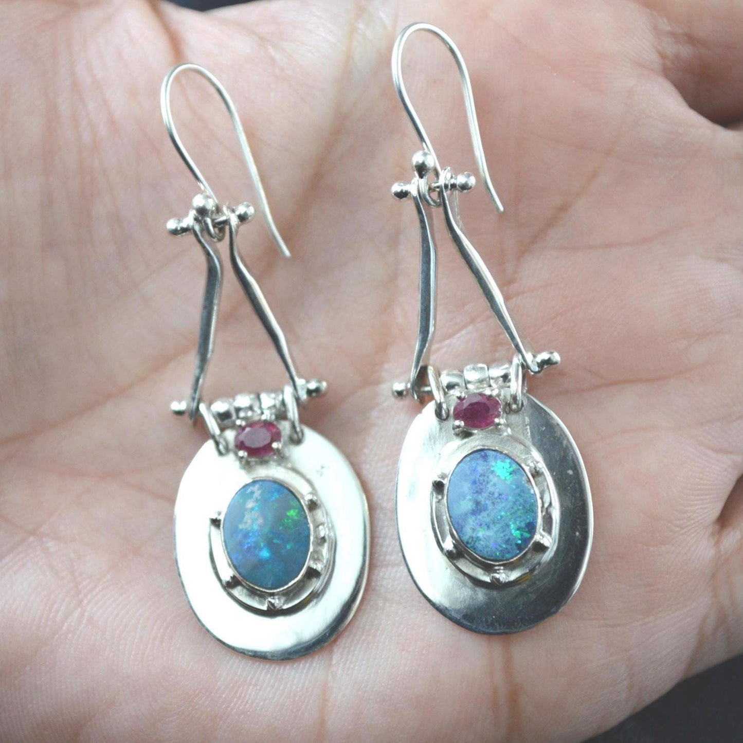 Red Ruby, Blue Opal Earrings: Silver, Oval Gemstone, Dangle Drop, July October Birthstone