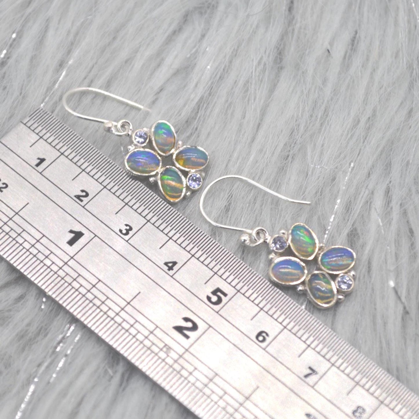 Floral Blue Opal Earrings: Silver, Cubic Zirconia, Dangle Drop, October Birthstone
