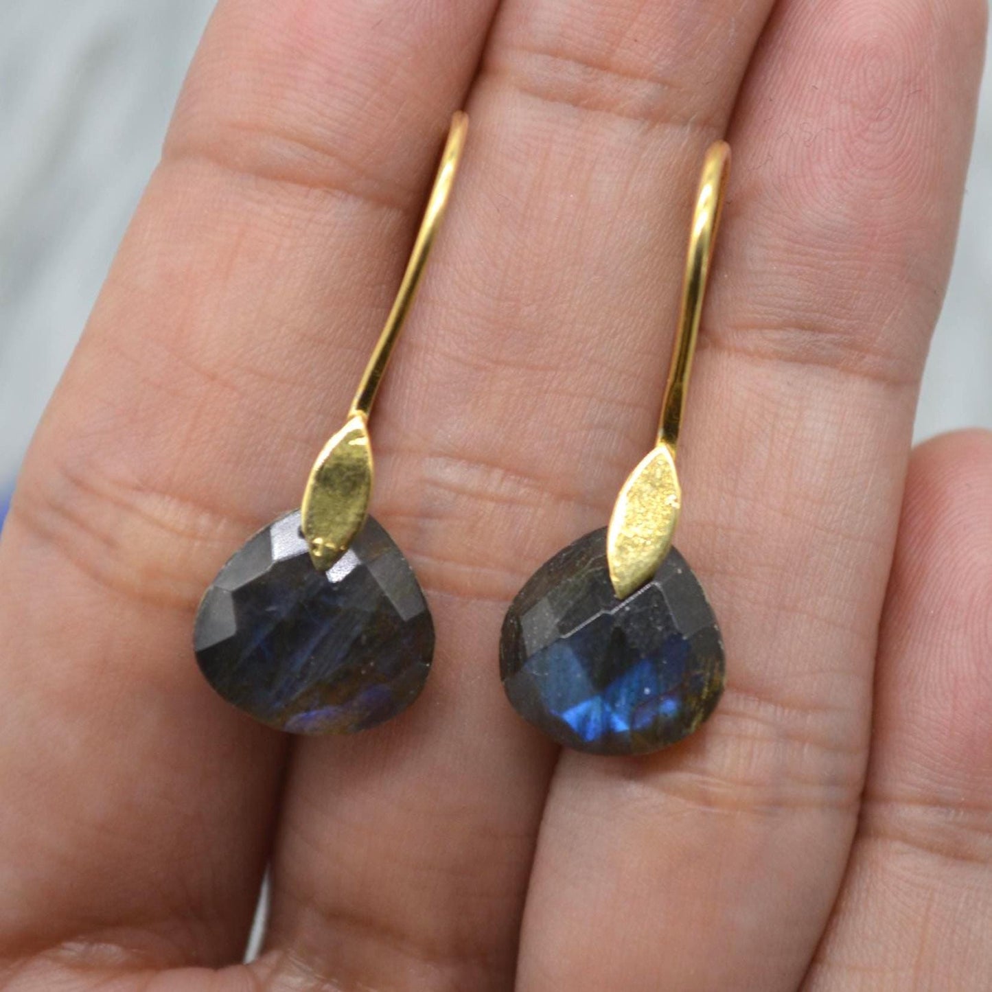 Moonstone or Labradorite Gold Earrings: Sterling Silver, Teardrop, Dangle Drop