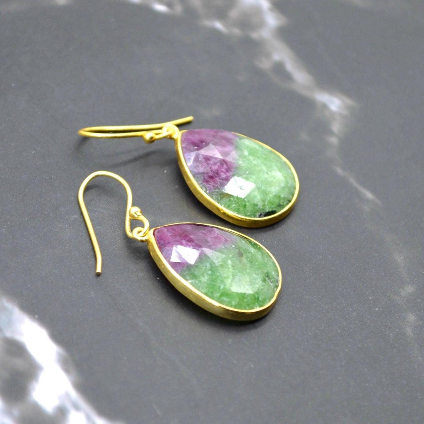 Ruby Zoisite Earrings: Gold Plated Silver, Anyolite, Teardrop or Rectangular Dangle Drop