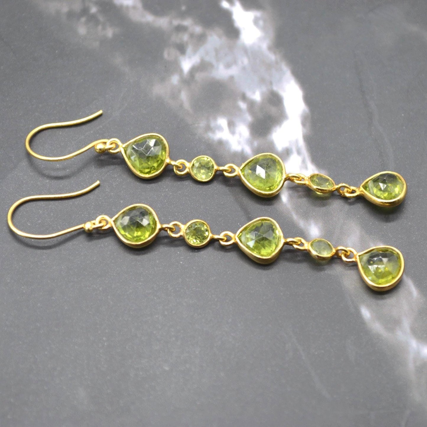 Long Green Peridot Earrings: Gold Plated Silver, Dangle Drop, Teardrop, August Birthstone
