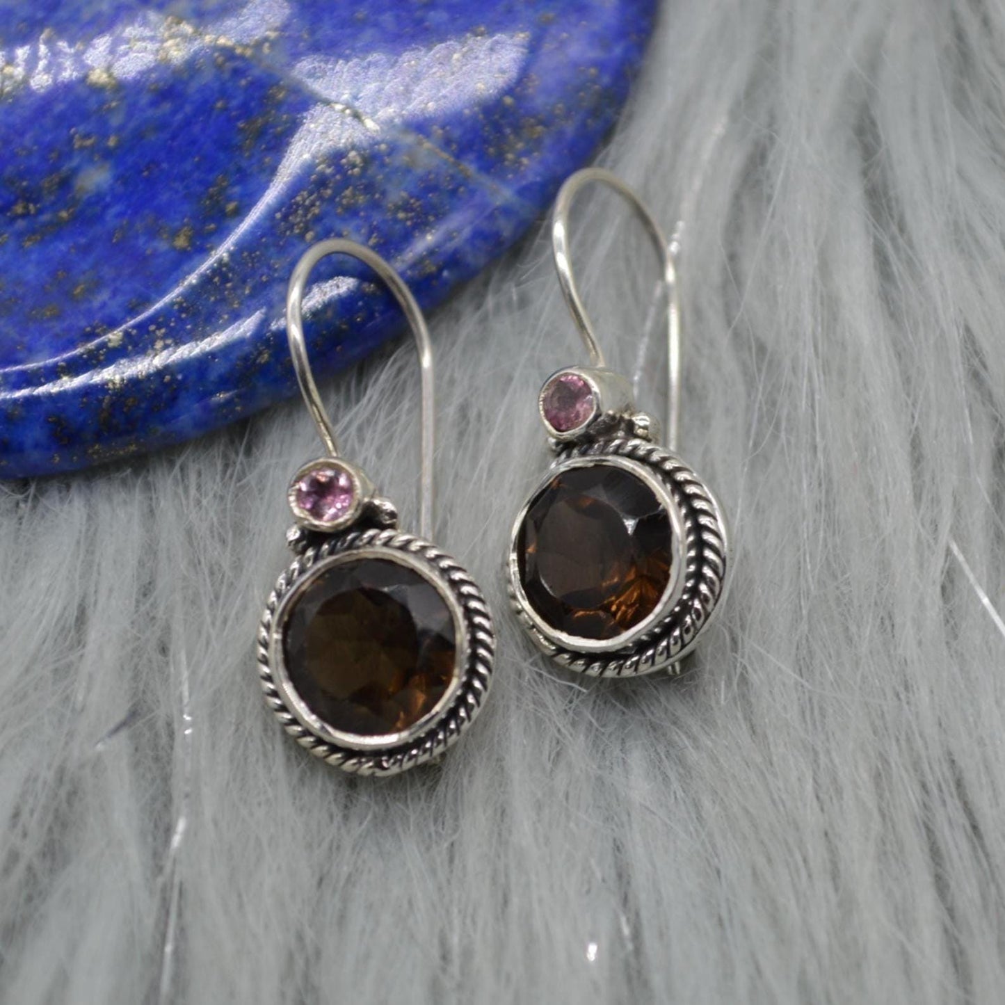 Smoky Quartz Earrings: Silver, Round Dangle, Brown Gemstone Jewelry