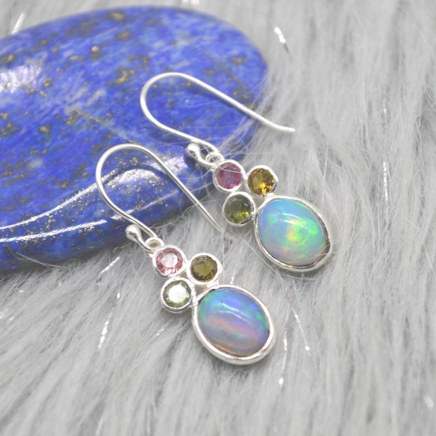 Fire Opal, Tourmaline Earrings: Silver, Dangle Drop, October Birthstone, Blue Gemstone