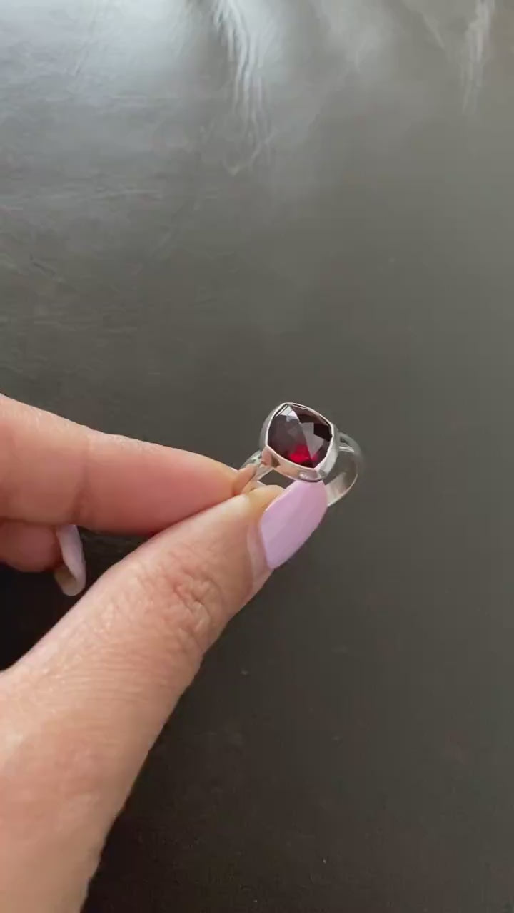 Garnet Ring Sterling Silver, UK Size N, Garnet Jewelry, Dainty Red Gemstone Ring, Stacking Ring, January Birthstone, Birthday Gifts For Her