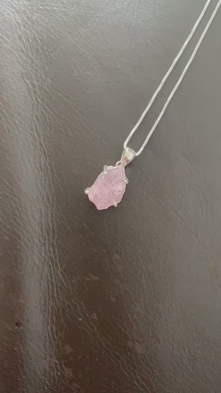 Raw Rose Quartz Chain Pendant Necklace, Rough Cut Rose Quartz Necklace, Dainty Gemstone, Sterling Silver, Birthday Gifts For Her