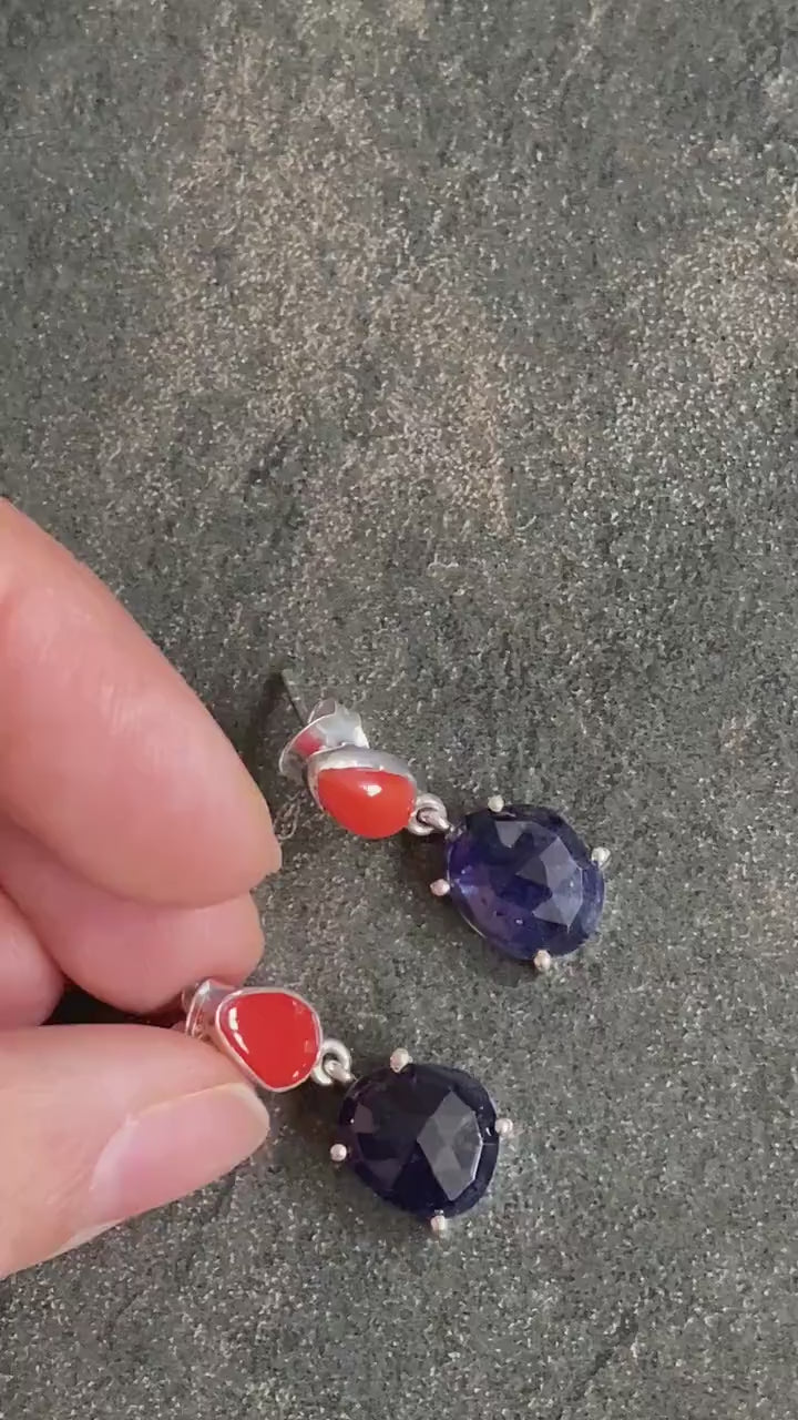 Raw Blue Sapphire, Coral Silver Earrings, Sterling Silver, September Birthstone Jewelry, Gemstone Drop Earrings, Birthday Gifts For Her