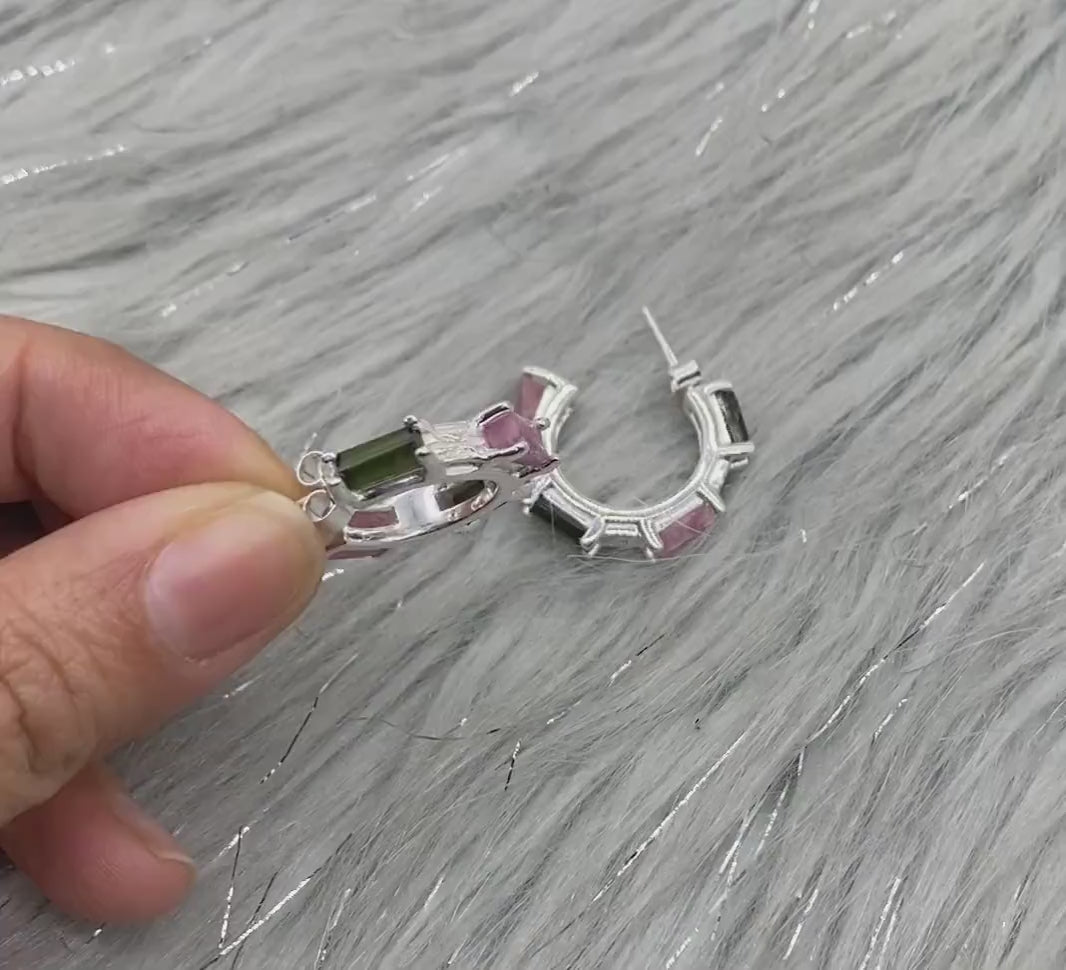 Pink, Black Tourmaline Earrings, Tourmaline Jewelry, October Birthstone Earrings, Handmade Sterling Silver Hoop Earrings, Unique Gemstone