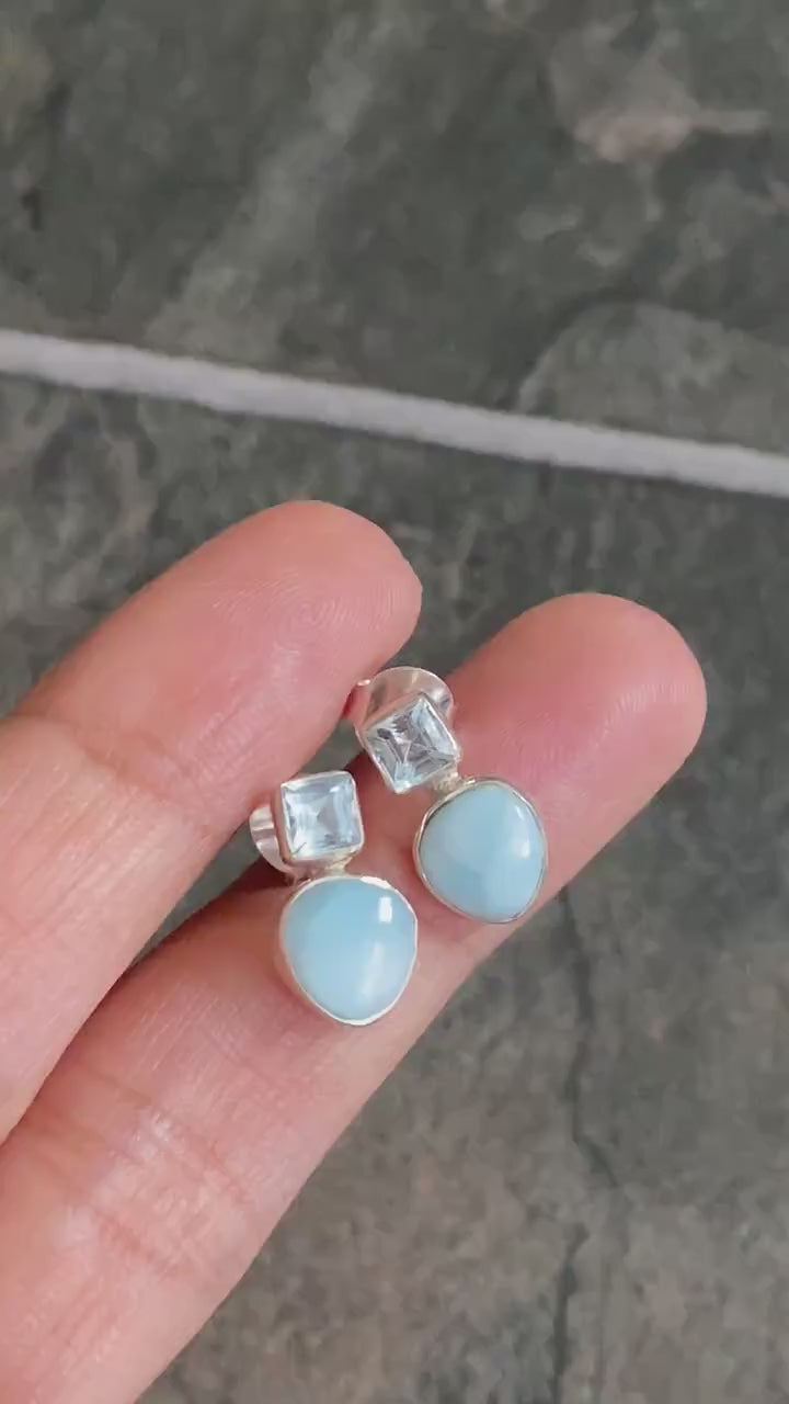 Larimar Blue Topaz Silver Stud Earrings, Larimar Stone, Larimar Gemstone, Blue Topaz Studs, Larimar Earrings, Birthday Gift For Her