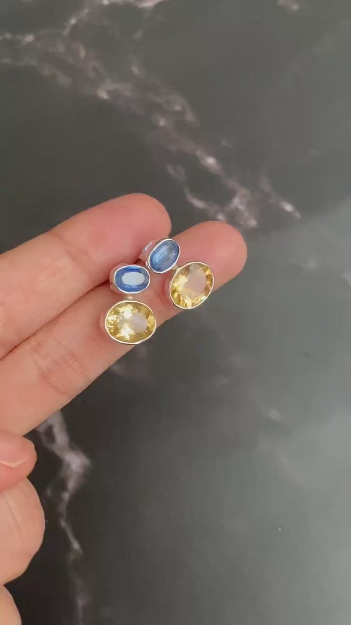 Kyanite and Citrine Earrings, Silver Stud Earrings, Kyanite Jewelry, Citrine Jewelry, Unique Statement Earrings, Birthday Gift For Her