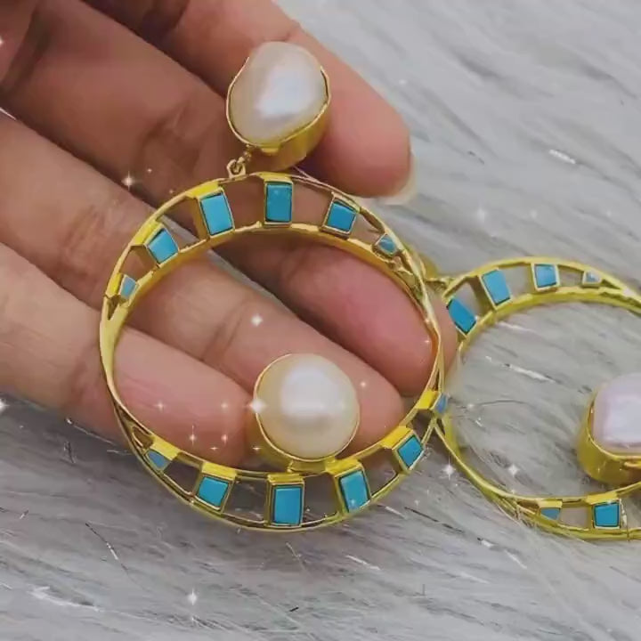 Pearl, Turquoise Earrings, June, December Birthstone, Gemstone Dangle Earrings, Jhumka Earrings, Gold Plated Sterling Silver Earrings