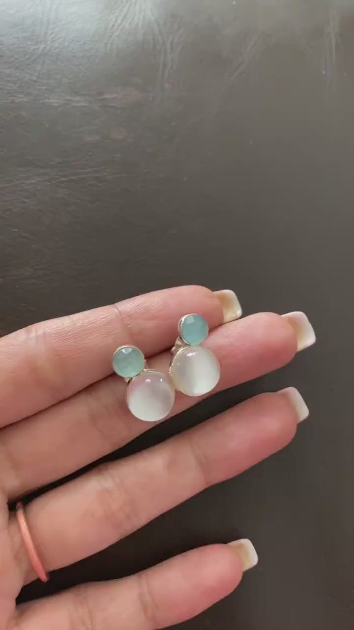 Aqua Chalcedony and Moonstone Earrings, Sterling Silver Stud Earrings, Moonstone Jewelry, Unique Handmade Earrings, Best Friend Gift For Her