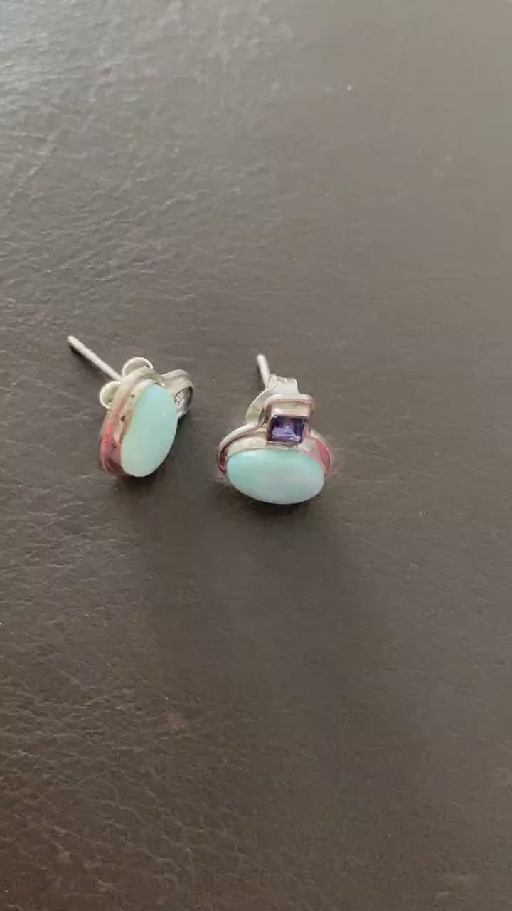 Larimar Earrings, Iolite and Larimar Gemstone, Iolite Earrings, Dainty Studs, Larimar Stud Earrings, Handmade Birthday Gift For Her
