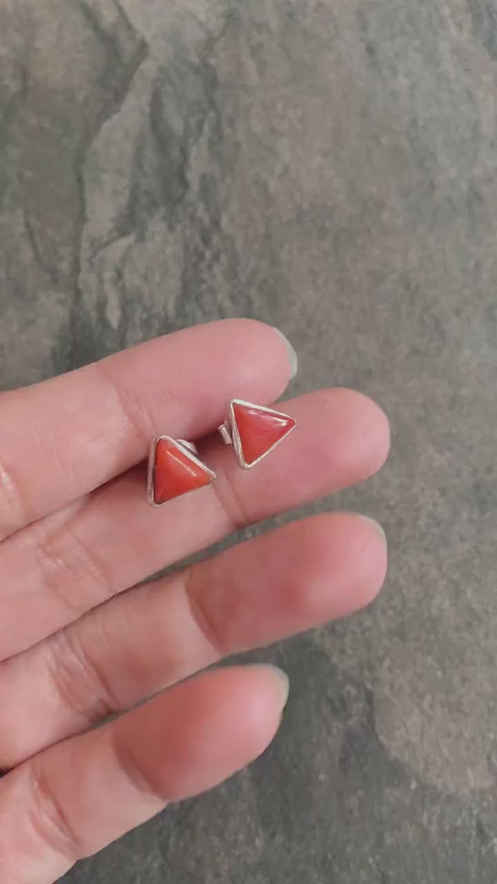 Red Coral Sterling Silver Stud Earrings, Dainty Triangle Earrings, Everyday Gemstone Earrings, Coral Jewelry, Birthday Gifts For Her