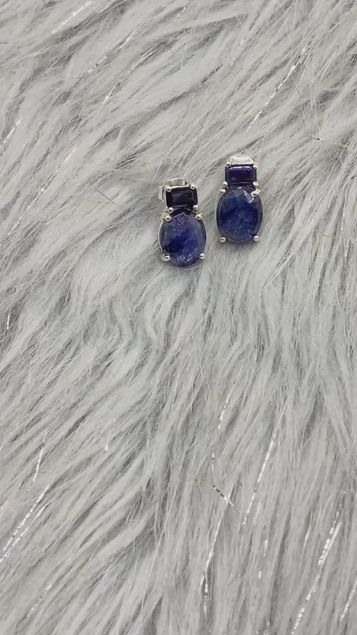 Sapphire, Iolite Silver Stud Earrings, September Birthstone Jewelry, Sapphire Jewelry, Iolite Jewelry, Raw Blue Gemstone Earrings
