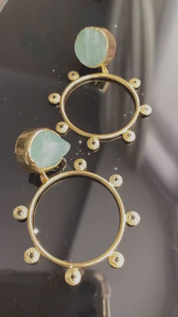 Black Spinel and Raw Aquamarine Earrings, Gold Hoop Earrings, March Birthstone Jewelry, Gemstone Earrings, Aquamarine Jewelry, Gifts For Her