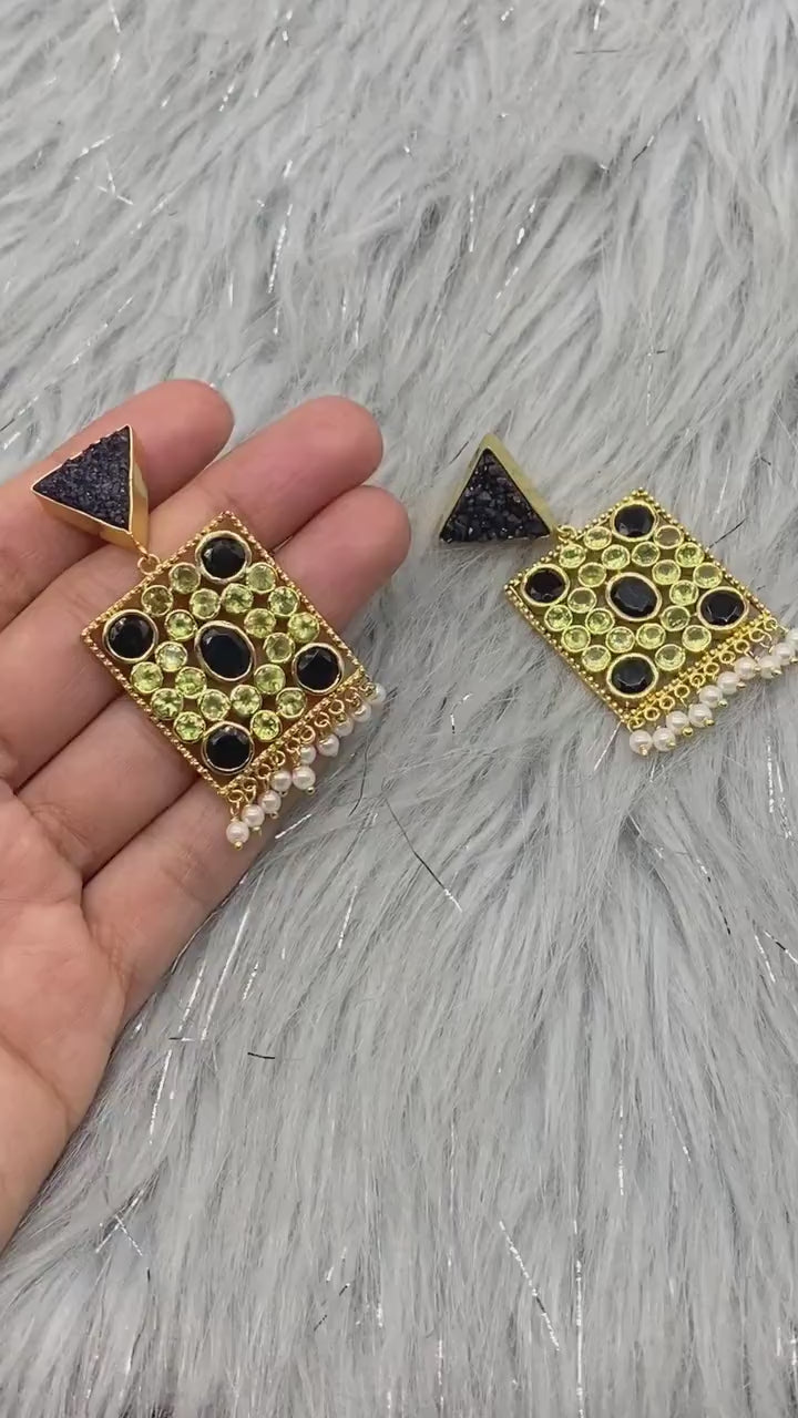 Black Agate, Onyx, Peridot Gold Earrings, August Birthstone Jewelry, Druzy Agate, Onyx Drop Earrings, Ethnic Indian Jhumka Earrings