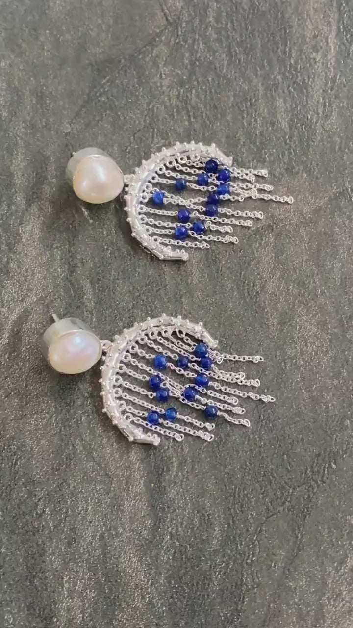 Blue Aventurine, Pearl Silver Earrings, June Birthstone Jewelry, Unique Gemstone Earrings, Indian Jhumka Earrings, Gift For Her
