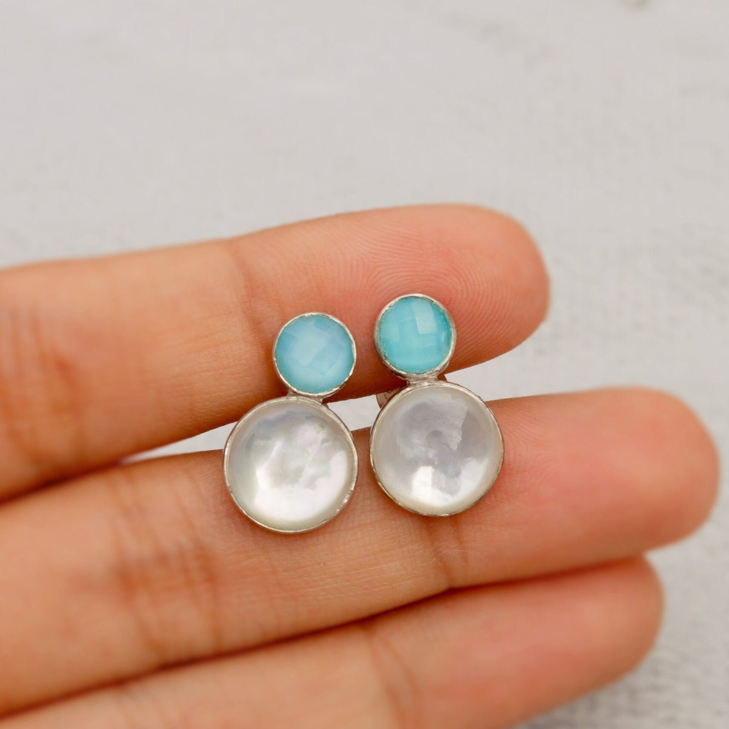 Aqua Chalcedony and Moonstone Earrings, Sterling Silver Stud Earrings, Moonstone Jewelry, Unique Handmade Earrings, Best Friend Gift For Her