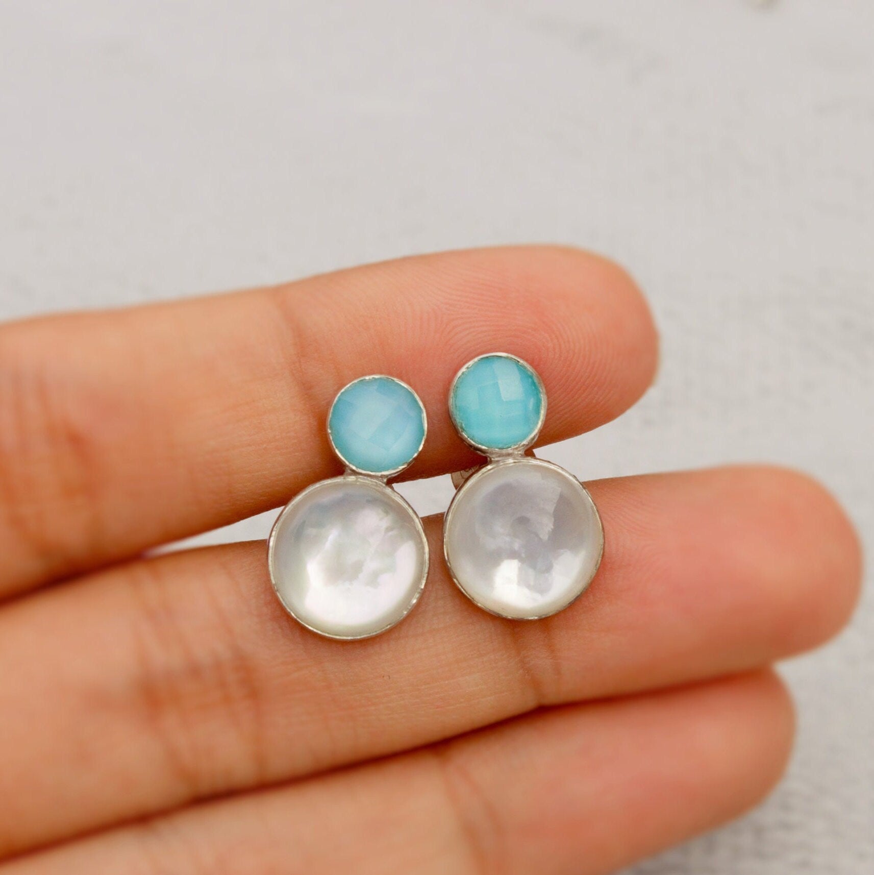 Aqua Chalcedony and Moonstone Earrings, Sterling Silver Stud Earrings, Moonstone Jewelry, Unique Handmade Earrings, Best Friend Gift For Her