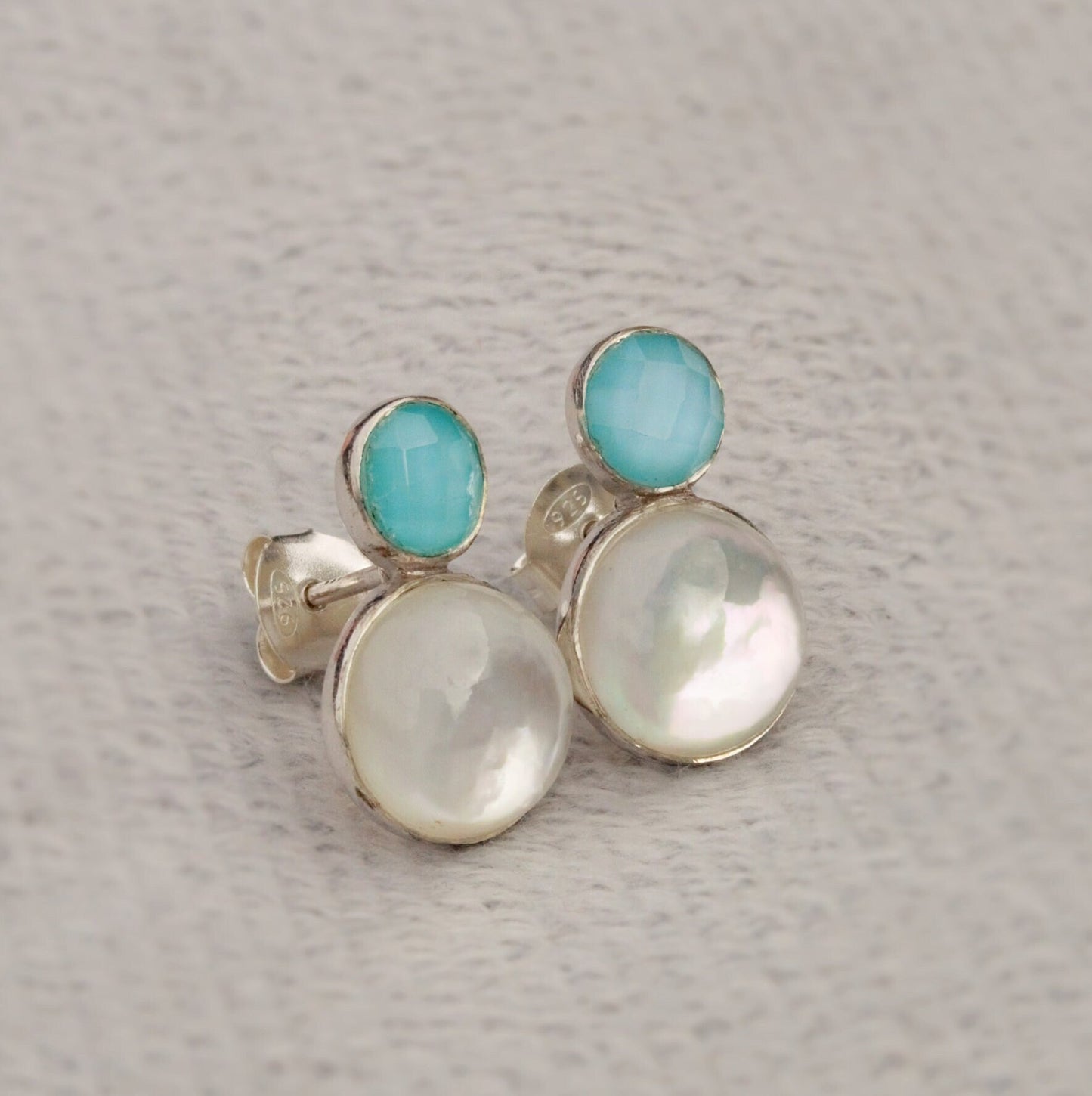 Aqua Chalcedony and Moonstone Earrings, Sterling Silver Stud Earrings, Moonstone Jewelry, Unique Handmade Earrings, Best Friend Gift For Her
