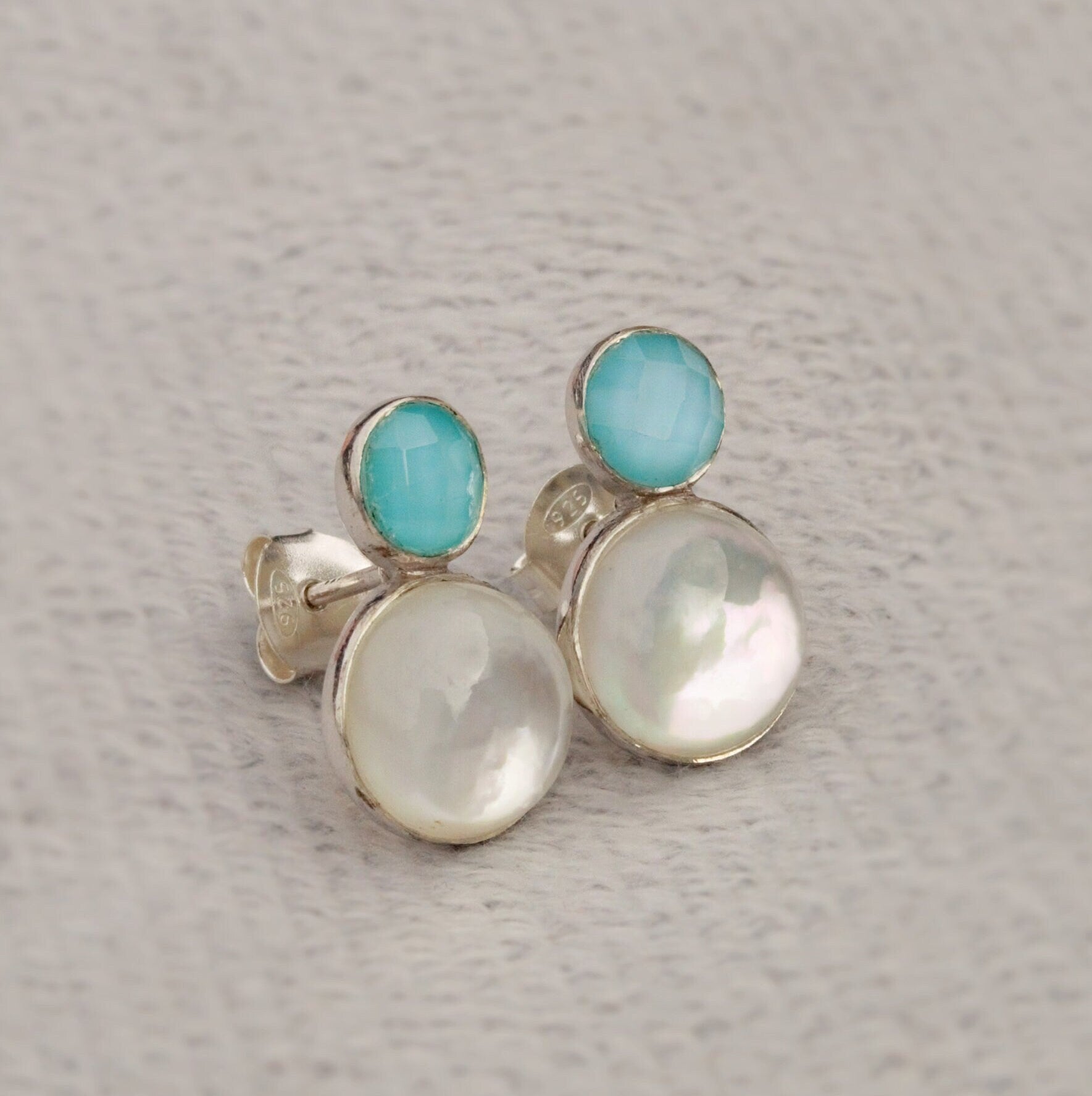 Aqua Chalcedony and Moonstone Earrings, Sterling Silver Stud Earrings, Moonstone Jewelry, Unique Handmade Earrings, Best Friend Gift For Her
