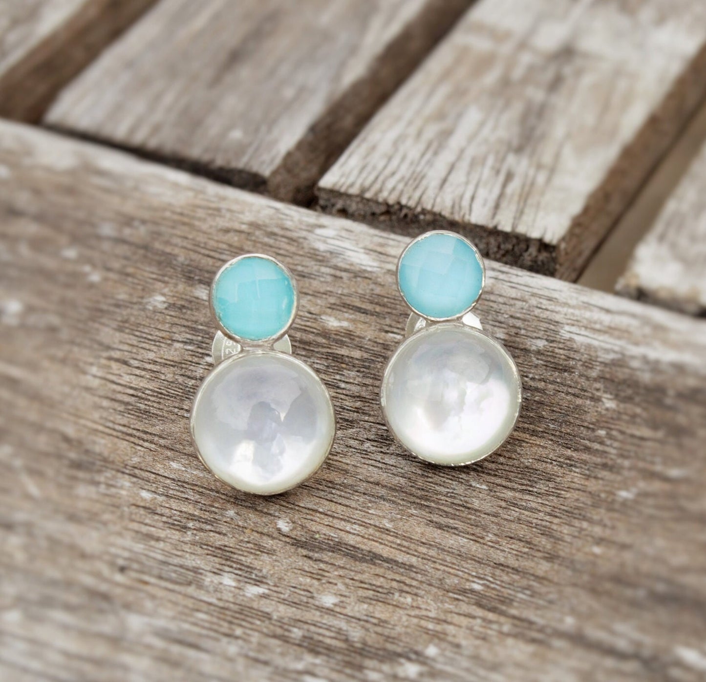 Aqua Chalcedony and Moonstone Earrings, Sterling Silver Stud Earrings, Moonstone Jewelry, Unique Handmade Earrings, Best Friend Gift For Her