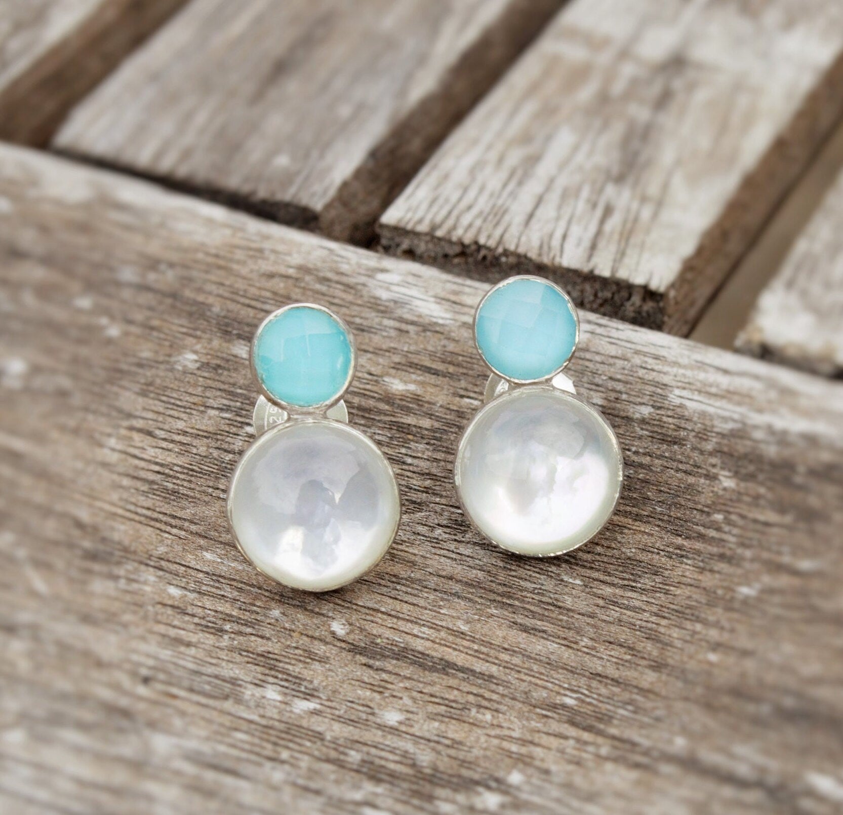 Aqua Chalcedony and Moonstone Earrings, Sterling Silver Stud Earrings, Moonstone Jewelry, Unique Handmade Earrings, Best Friend Gift For Her