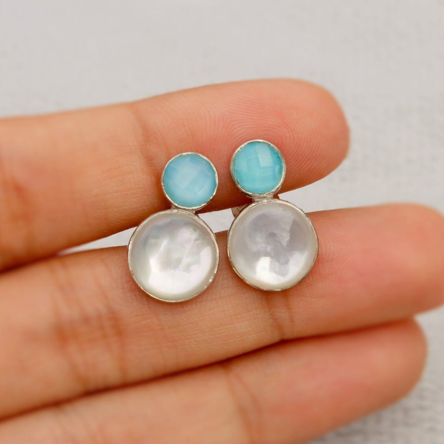 Aqua Chalcedony and Moonstone Earrings, Sterling Silver Stud Earrings, Moonstone Jewelry, Unique Handmade Earrings, Best Friend Gift For Her