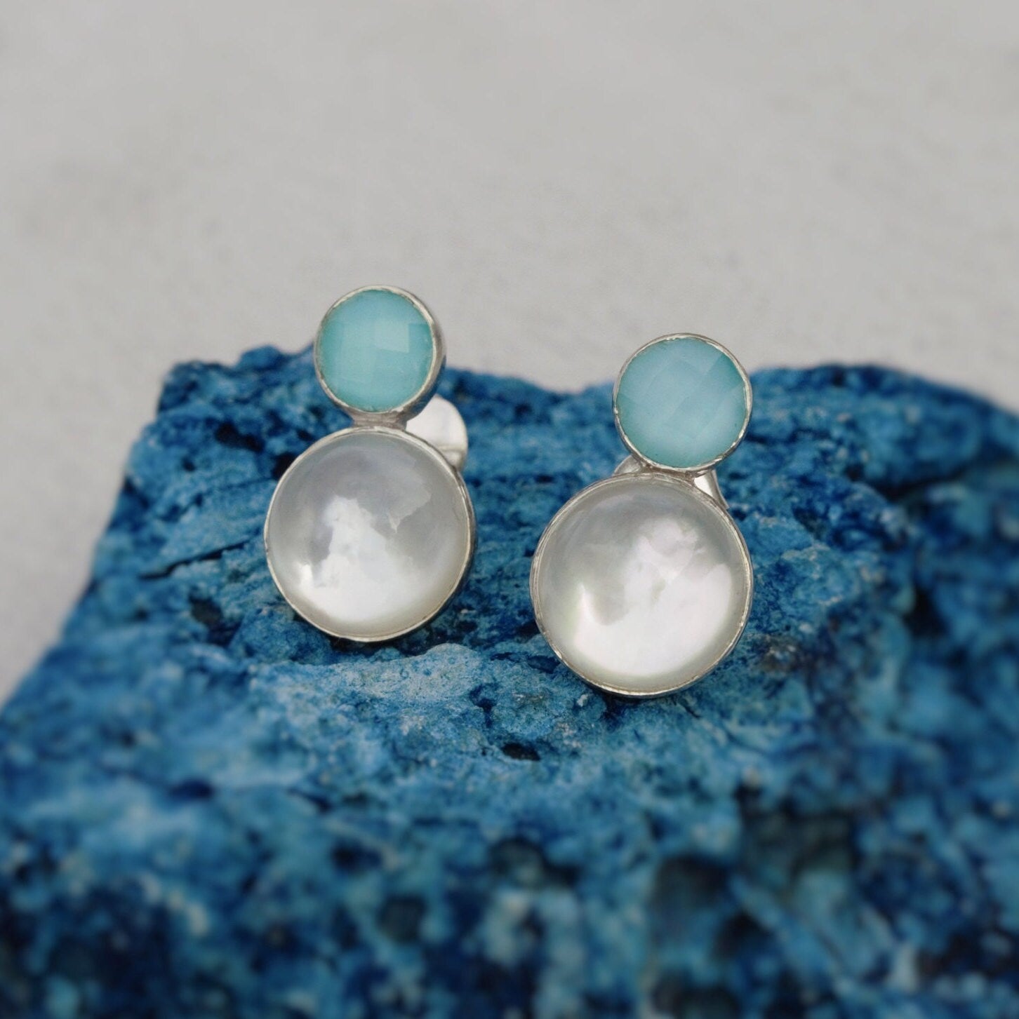 Aqua Chalcedony and Moonstone Earrings, Sterling Silver Stud Earrings, Moonstone Jewelry, Unique Handmade Earrings, Best Friend Gift For Her