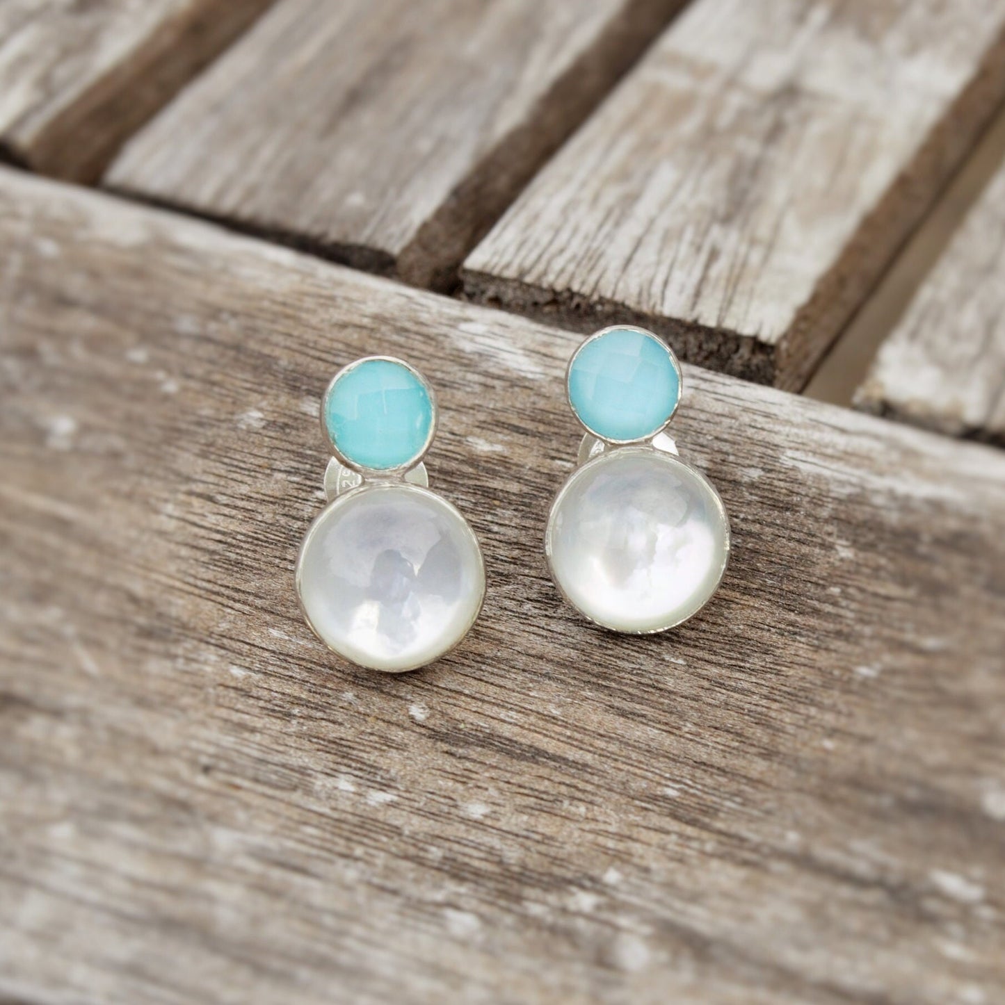 Aqua Chalcedony and Moonstone Earrings, Sterling Silver Stud Earrings, Moonstone Jewelry, Unique Handmade Earrings, Best Friend Gift For Her