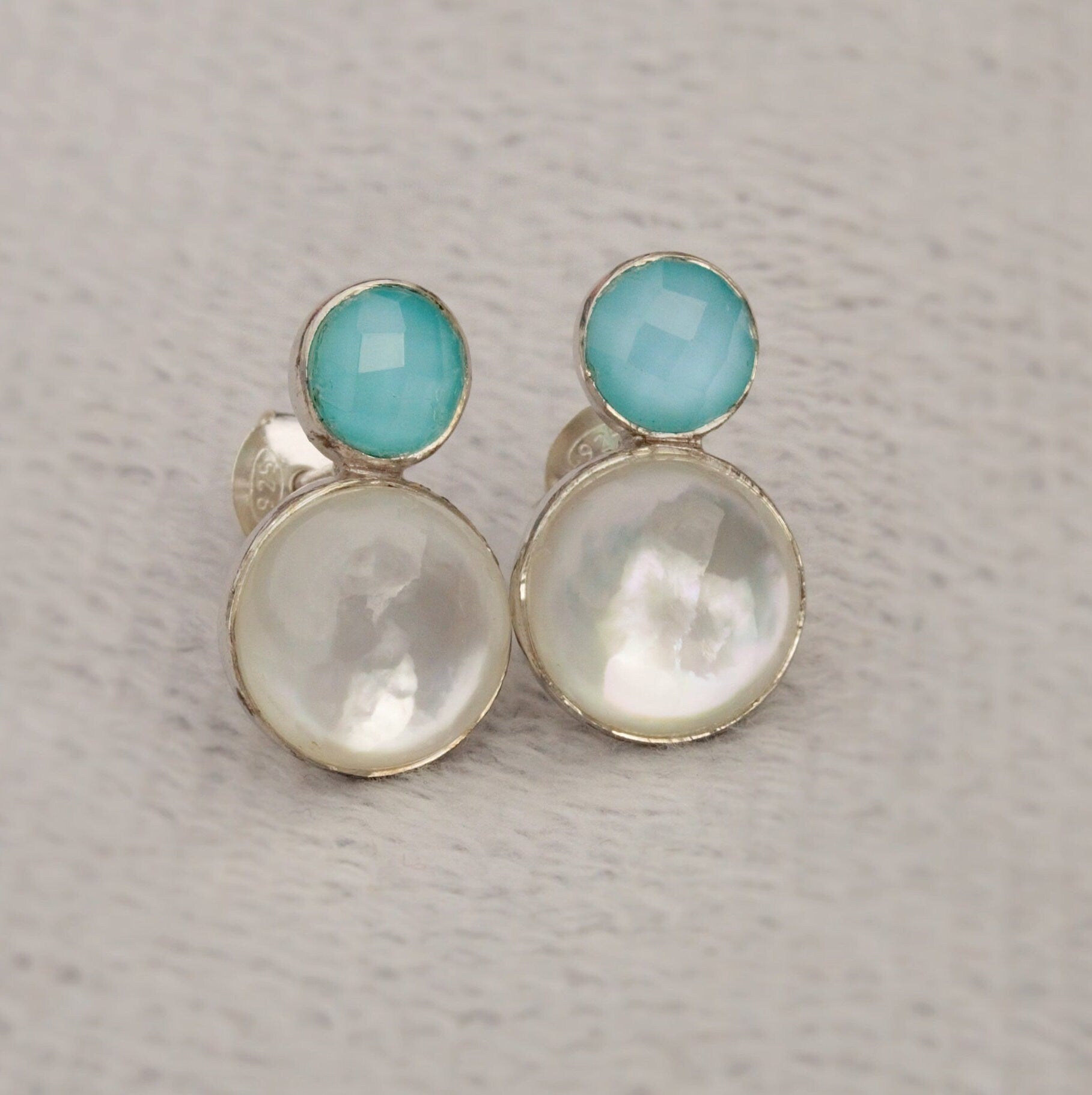 Aqua Chalcedony and Moonstone Earrings, Sterling Silver Stud Earrings, Moonstone Jewelry, Unique Handmade Earrings, Best Friend Gift For Her