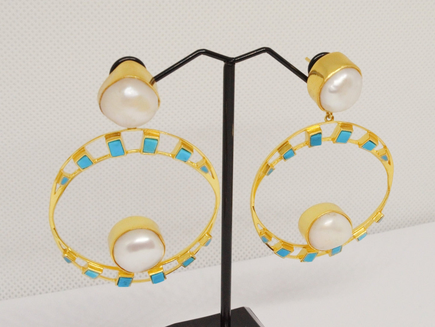 Pearl, Turquoise Earrings, June, December Birthstone, Gemstone Dangle Earrings, Jhumka Earrings, Gold Plated Sterling Silver Earrings