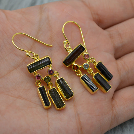 Raw Green Black Tourmaline Earrings: Silver or Gold, Handmade Dangle Drop, October Birthstone Jewelry