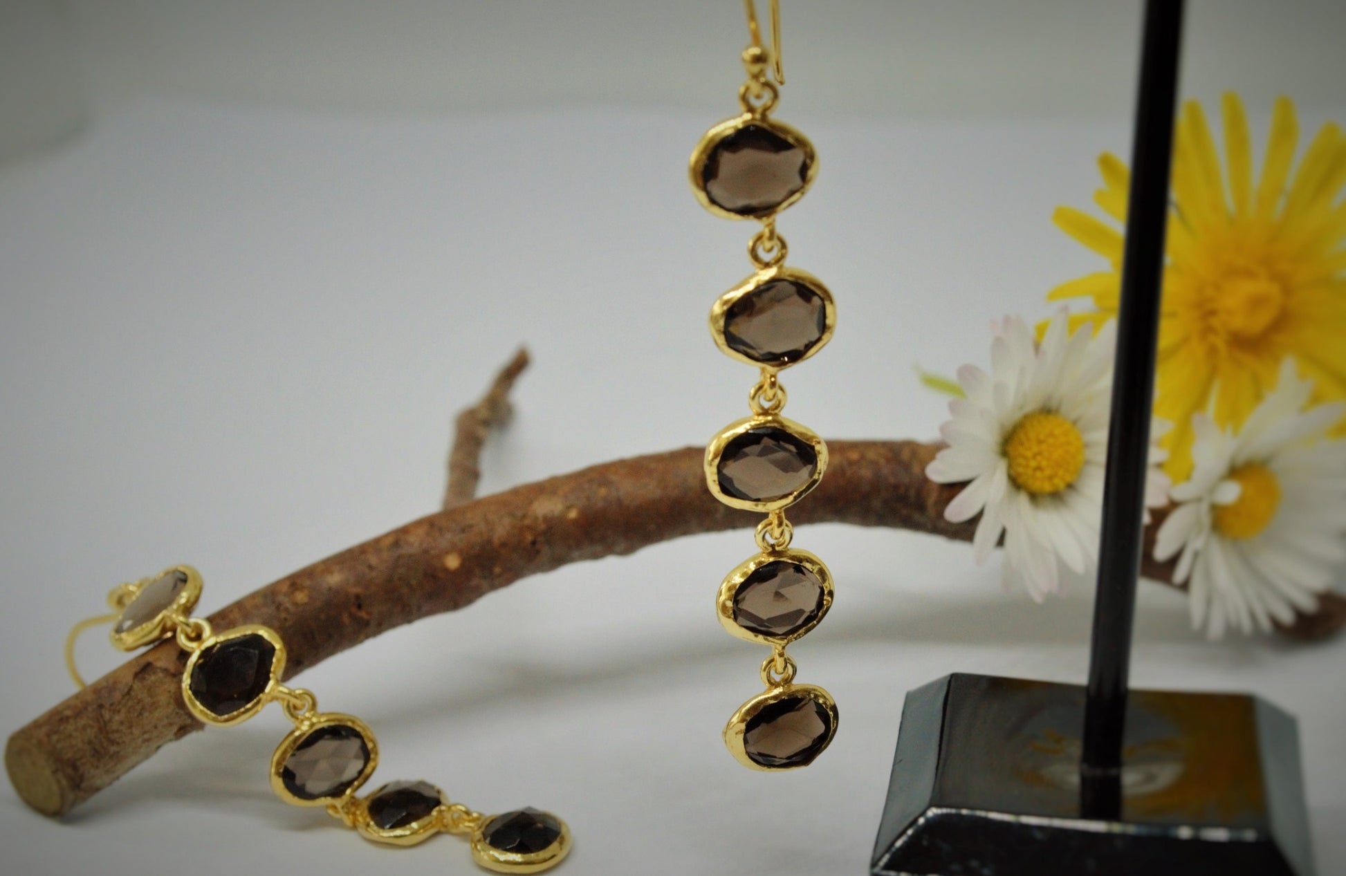 Smokey Quartz Gold Dangle Earrings, Unique Gold Plated Silver Gemstone Big Drop Earrings, Quartz Jewelry, Gift For Her, Birthday Gift