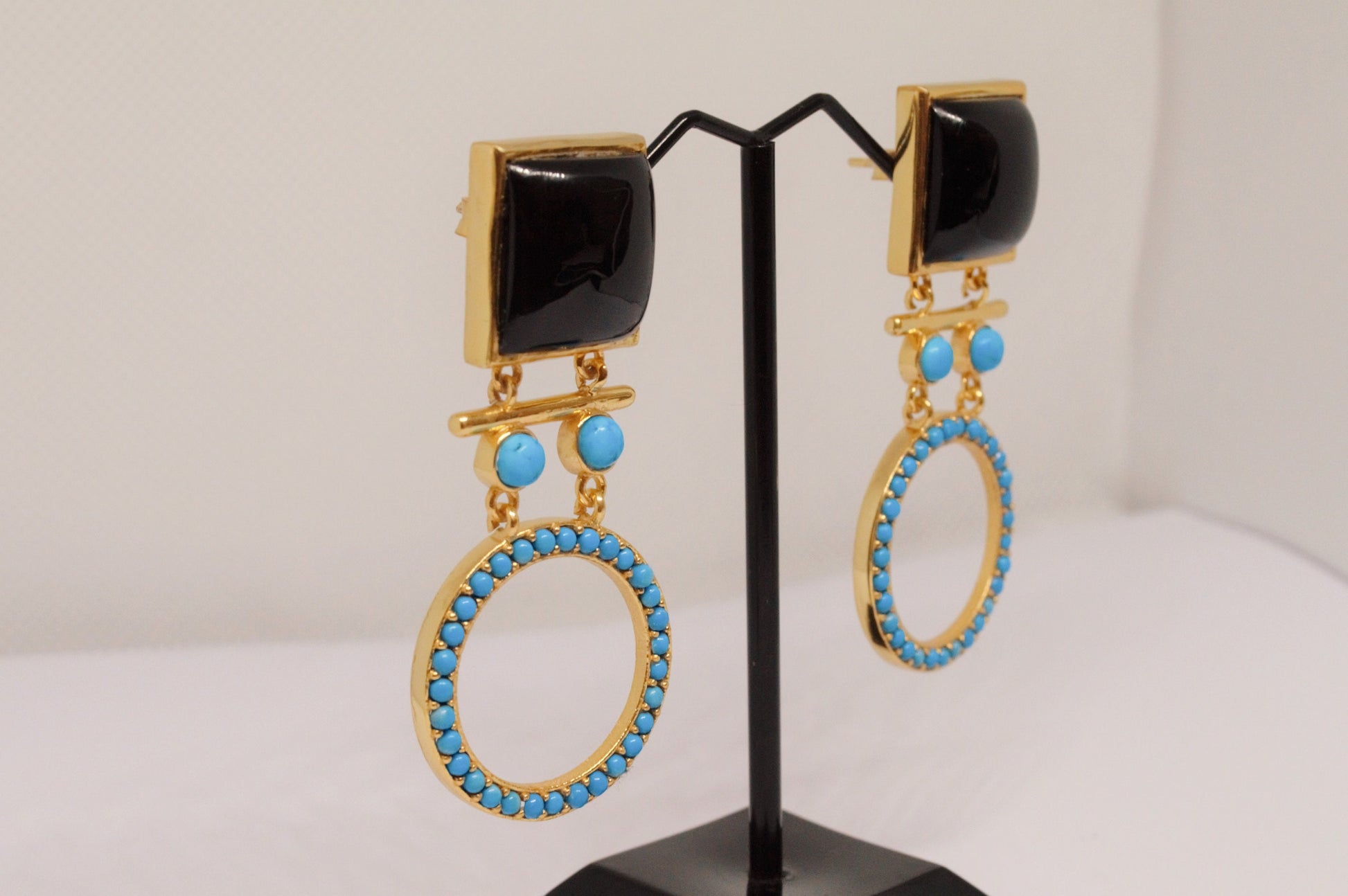Black Onyx, Turquoise Gold Drop Earrings, December Birthstone Jewelry, Unique Dangle Jhumka Earrings, Birthday Gifts For Her