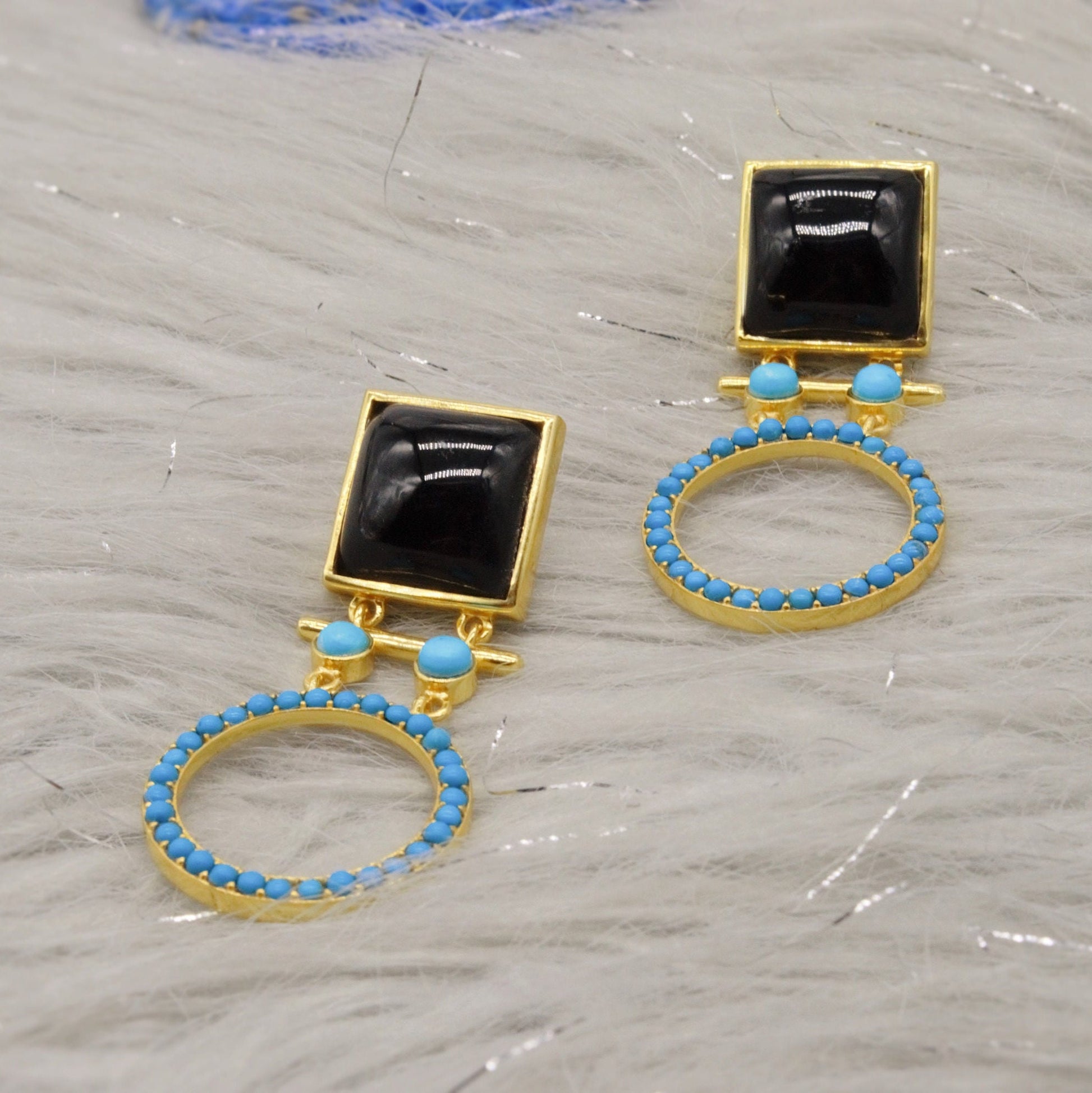 Black Onyx, Turquoise Gold Drop Earrings, December Birthstone Jewelry, Unique Dangle Jhumka Earrings, Birthday Gifts For Her