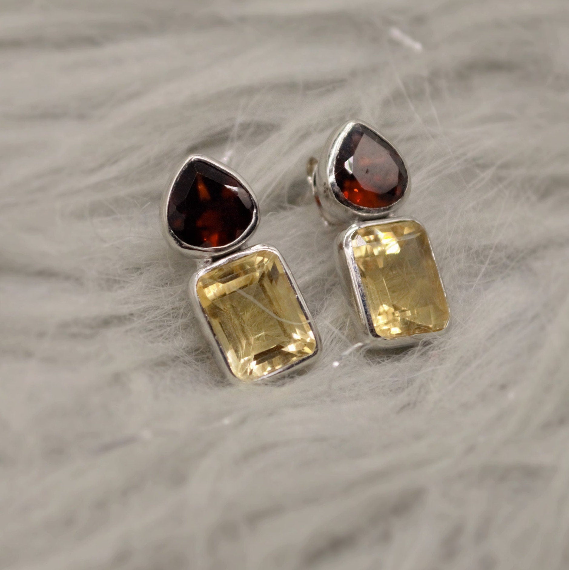 Garnet Citrine Silver Stud Earrings, Unique 925 Sterling Silver Earrings, January, November Birthstone, Birthday Gifts For Her, Valentine
