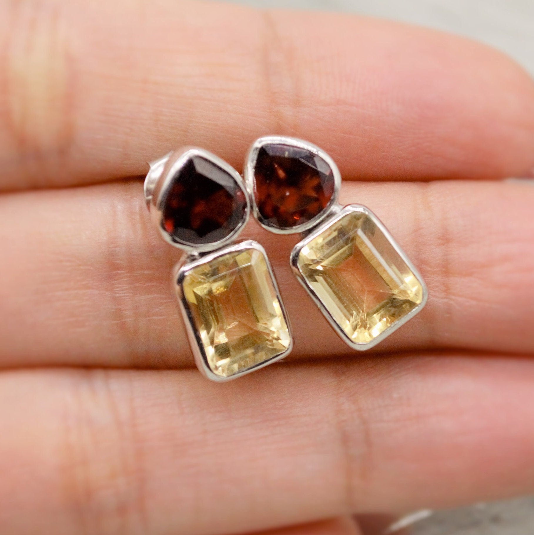 Garnet Citrine Silver Stud Earrings, Unique 925 Sterling Silver Earrings, January, November Birthstone, Birthday Gifts For Her, Valentine