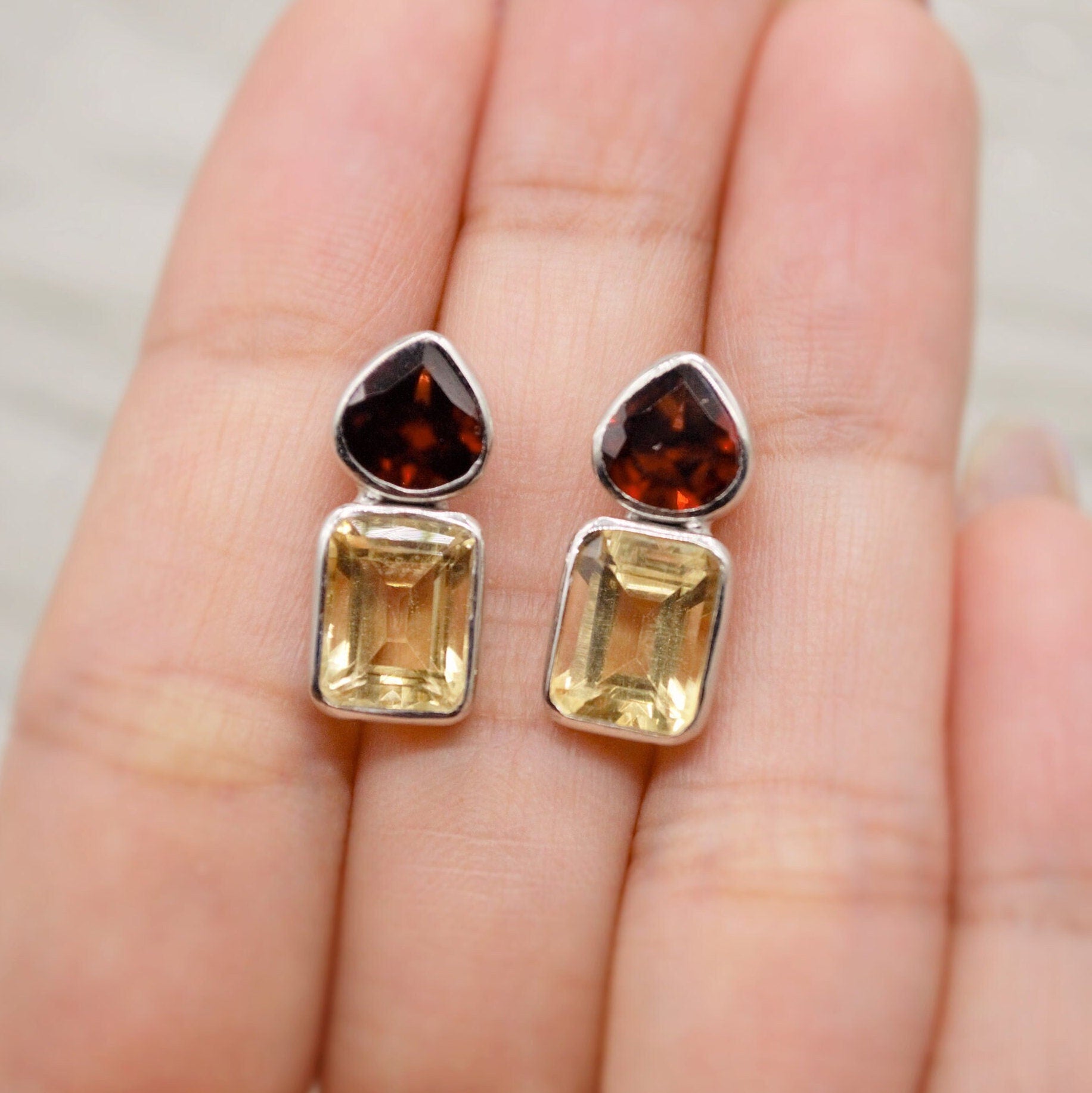 Garnet Citrine Silver Stud Earrings, Unique 925 Sterling Silver Earrings, January, November Birthstone, Birthday Gifts For Her, Valentine