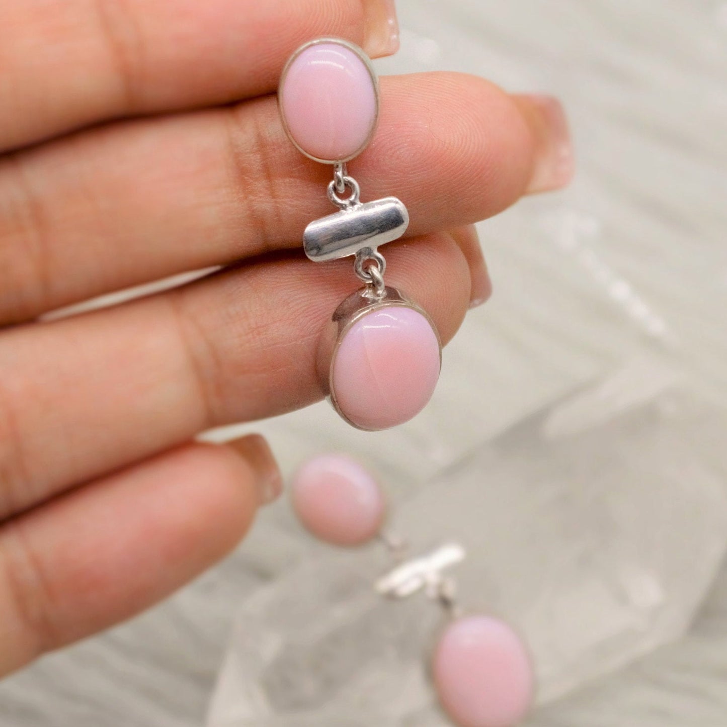 Pink Opal Earrings: Silver, October Birthstone, Unique Oval Gemstone Drop Earrings