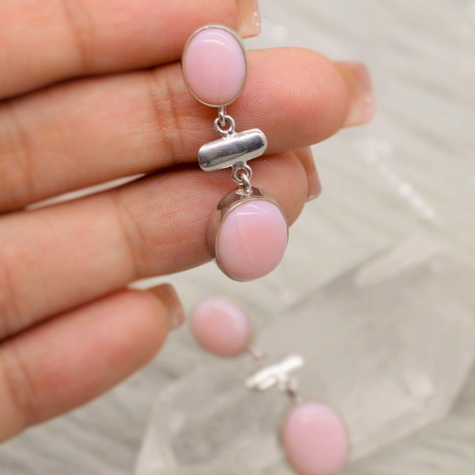Pink Opal Earrings: Silver, October Birthstone, Unique Oval Gemstone Drop Earrings
