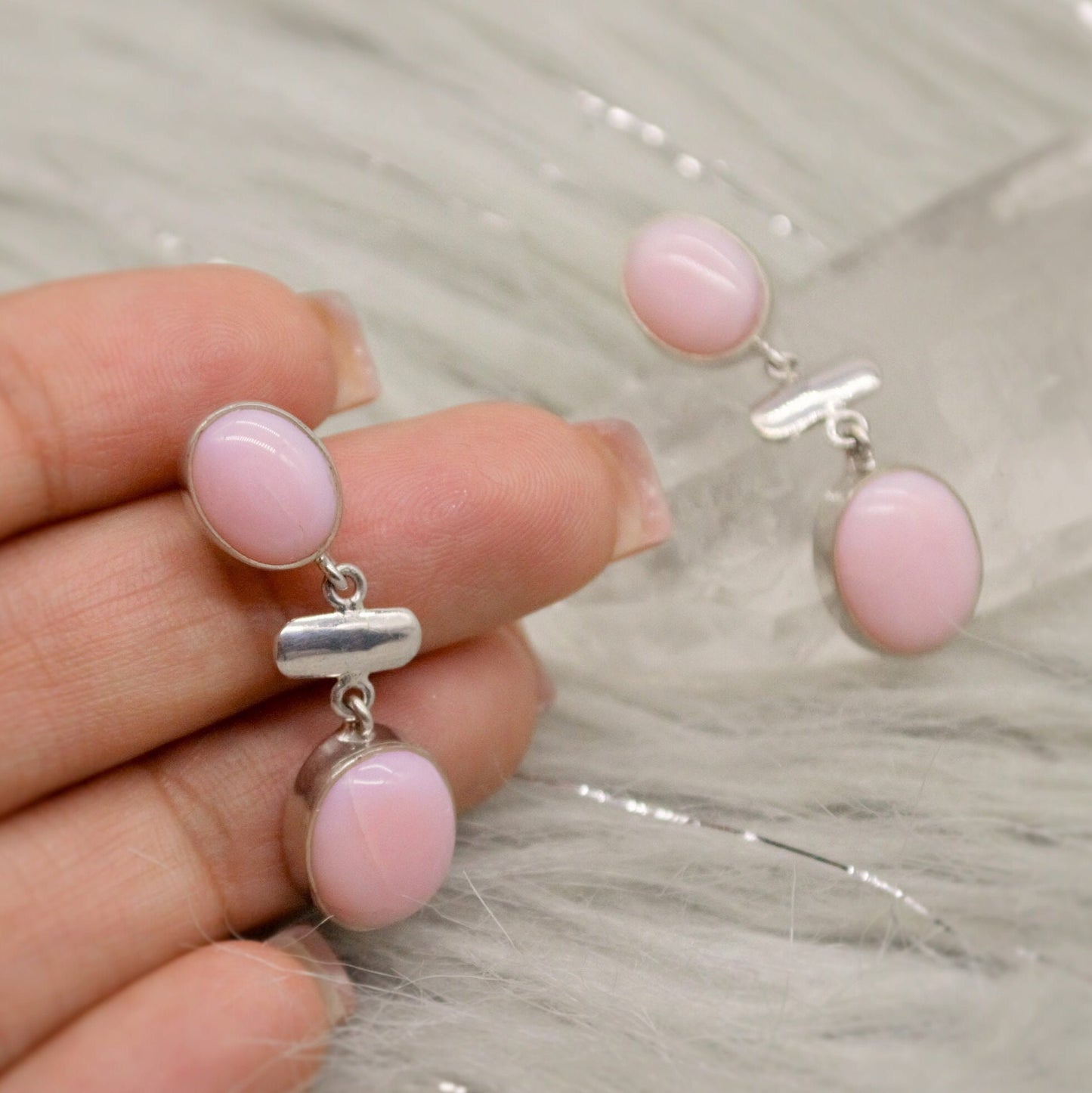 Pink Opal Earrings: Silver, October Birthstone, Unique Oval Gemstone Drop Earrings