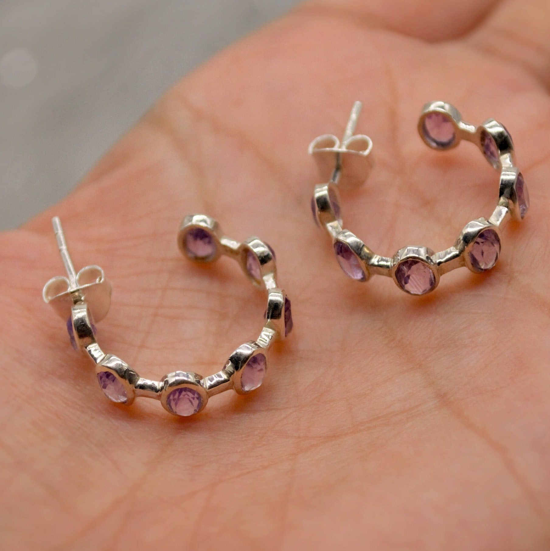 Amethyst Sterling Silver Hoop Earrings, Amethyst Jewelry, February Birthstone Earrings, Minimalist Purple Earrings, Unique Gifts For Her