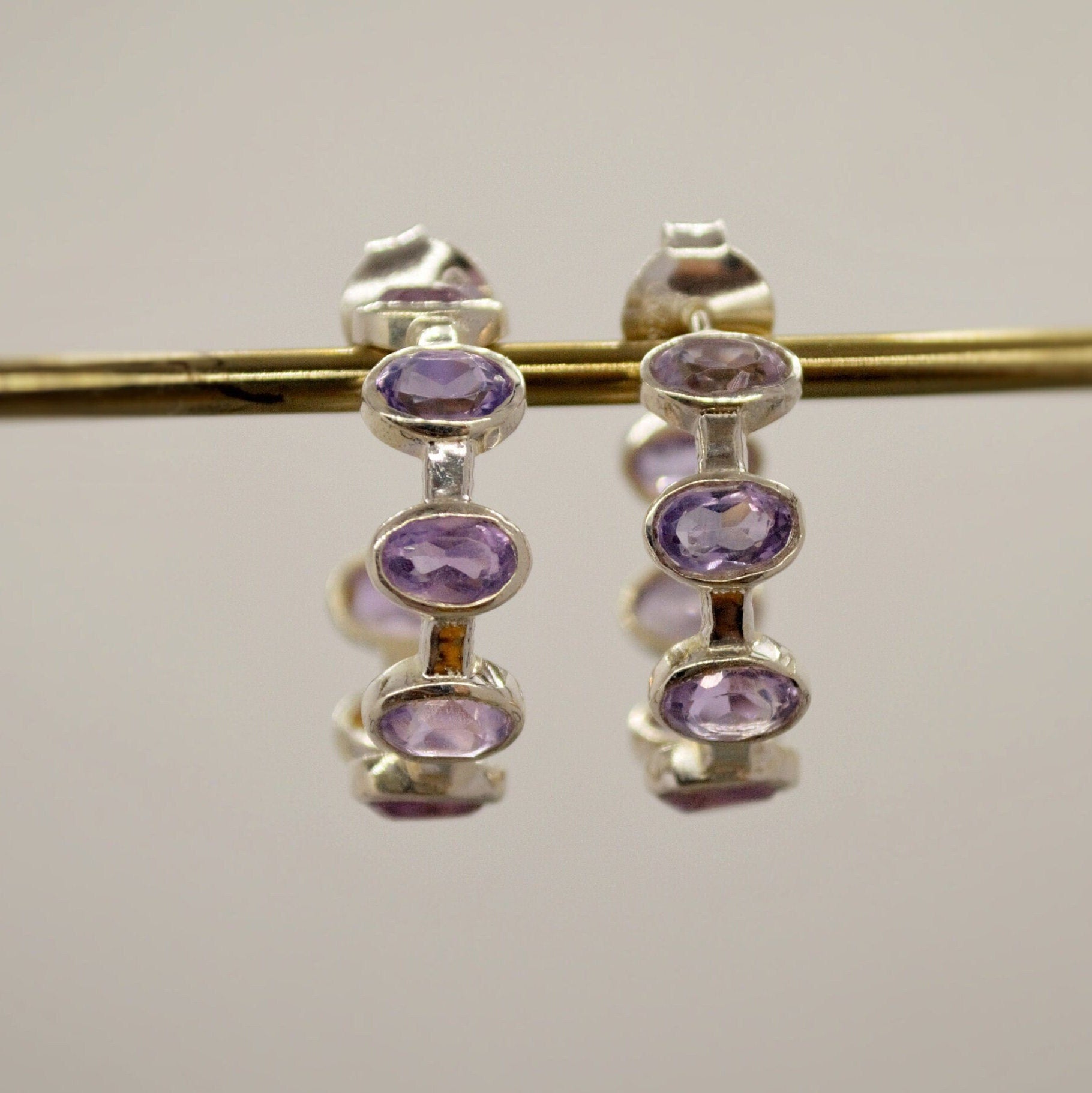 Amethyst Sterling Silver Hoop Earrings, Amethyst Jewelry, February Birthstone Earrings, Minimalist Purple Earrings, Unique Gifts For Her