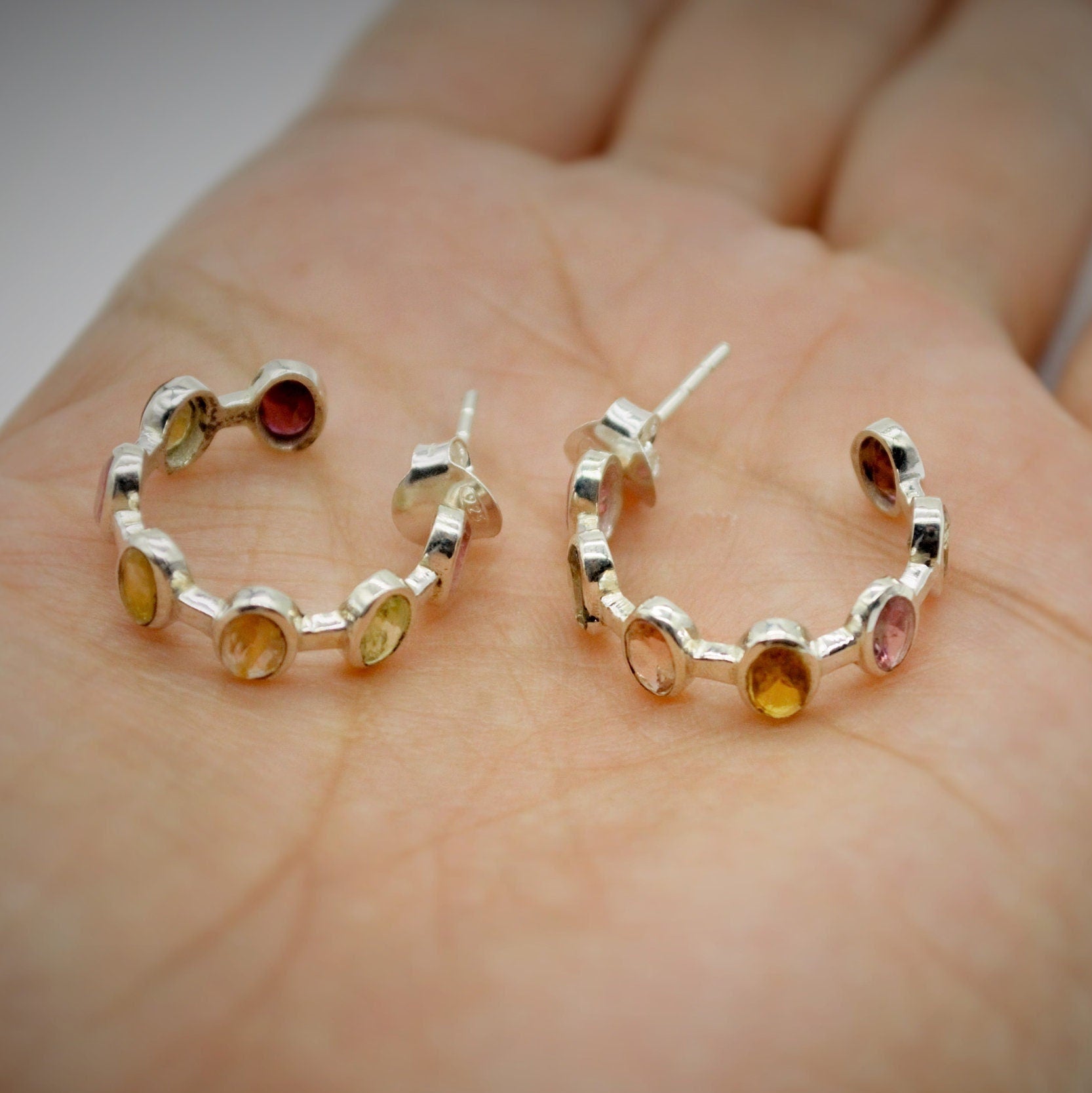 Mixed Tourmaline Sterling Silver Hoop Earrings, Tourmaline Jewelry, October Birthstone Earrings, Minimalist Earrings, Unique Gifts For Her