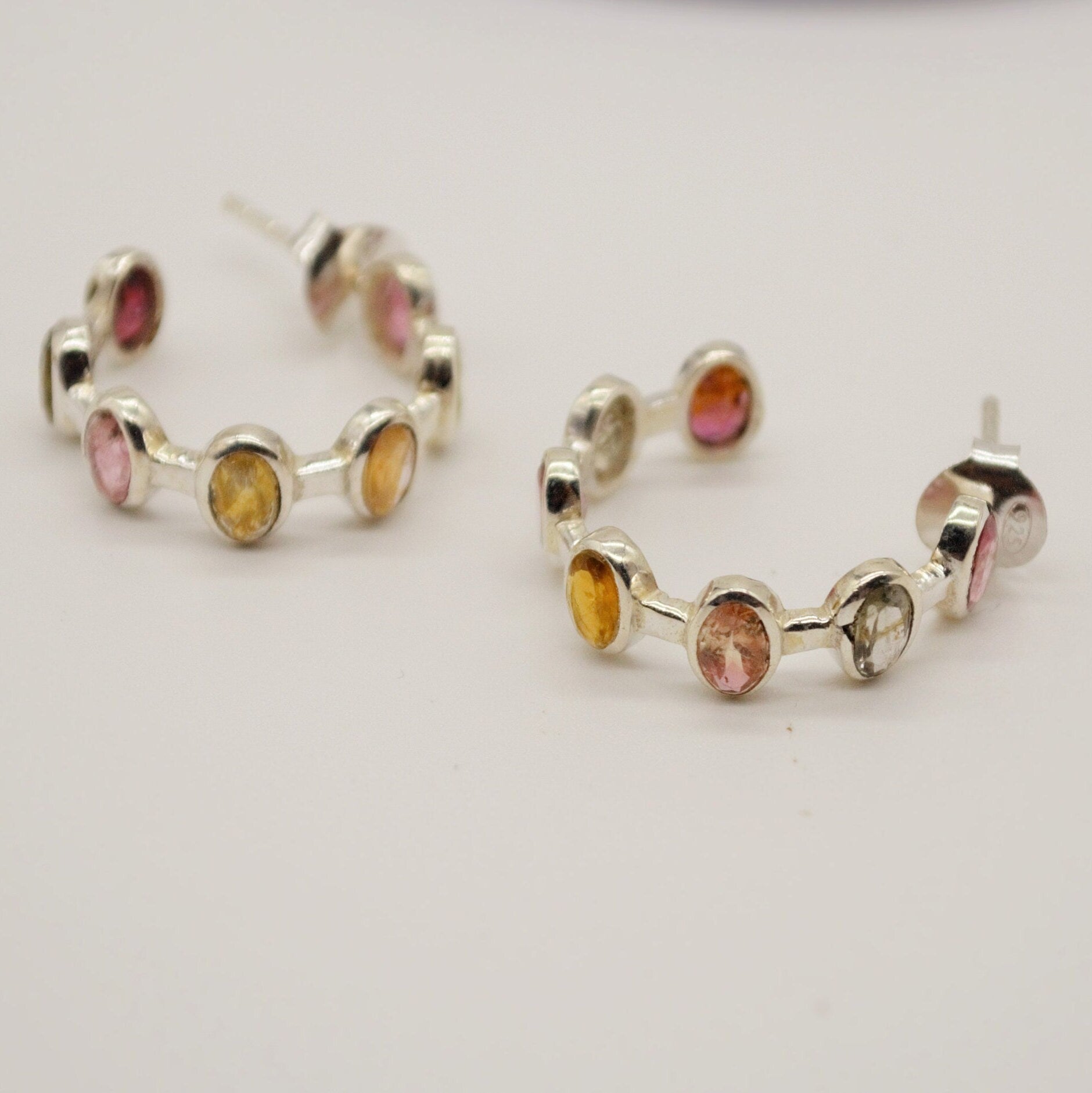 Mixed Tourmaline Sterling Silver Hoop Earrings, Tourmaline Jewelry, October Birthstone Earrings, Minimalist Earrings, Unique Gifts For Her