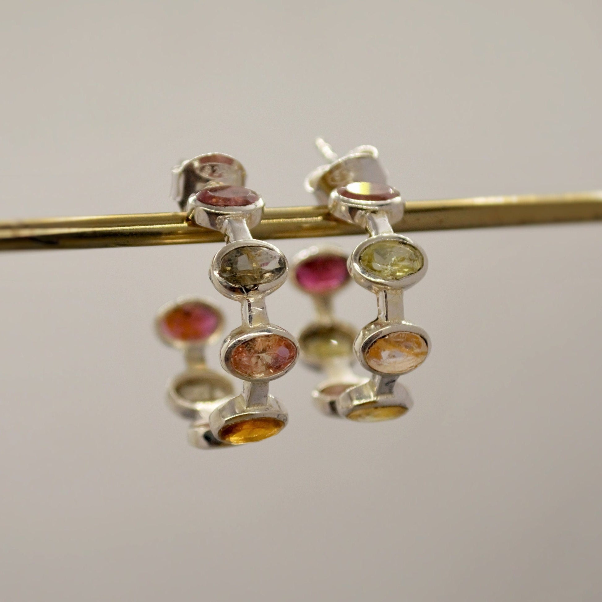 Mixed Tourmaline Sterling Silver Hoop Earrings, Tourmaline Jewelry, October Birthstone Earrings, Minimalist Earrings, Unique Gifts For Her